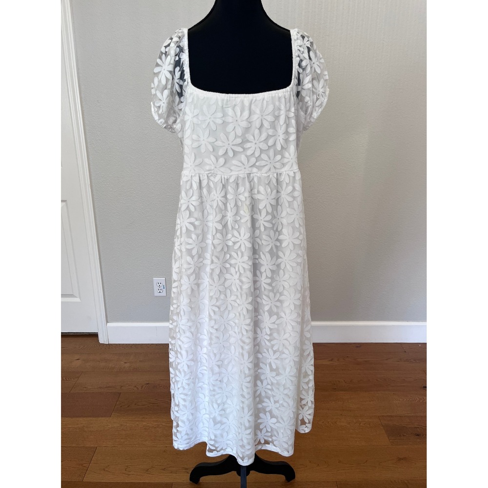Daisy Floral Mesh Maternity Maxi Dress XL White Excellent Puff Sleeve